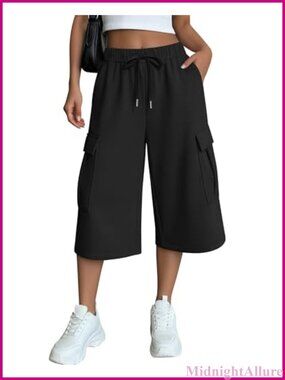 Women's Baggy Cargo Capri Pants Drawstring Wide Leg Joggers